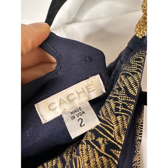 VTG Cache Maxi Dress Halter Blue Gold Foil Floral Printed Pleats Formal Gown 2 - Picture 9 of 9